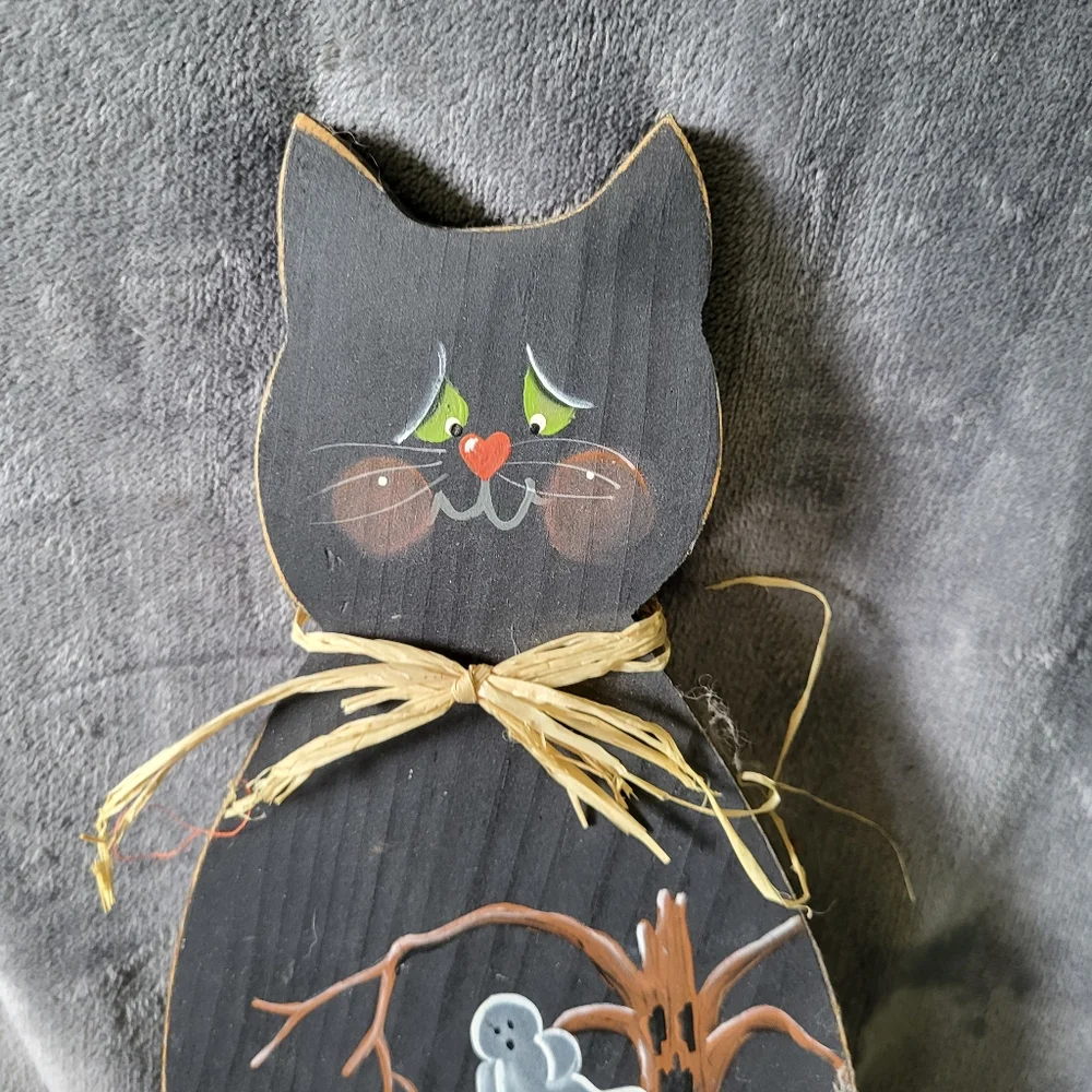 Vintage wooden halloween black cat with ghost decor